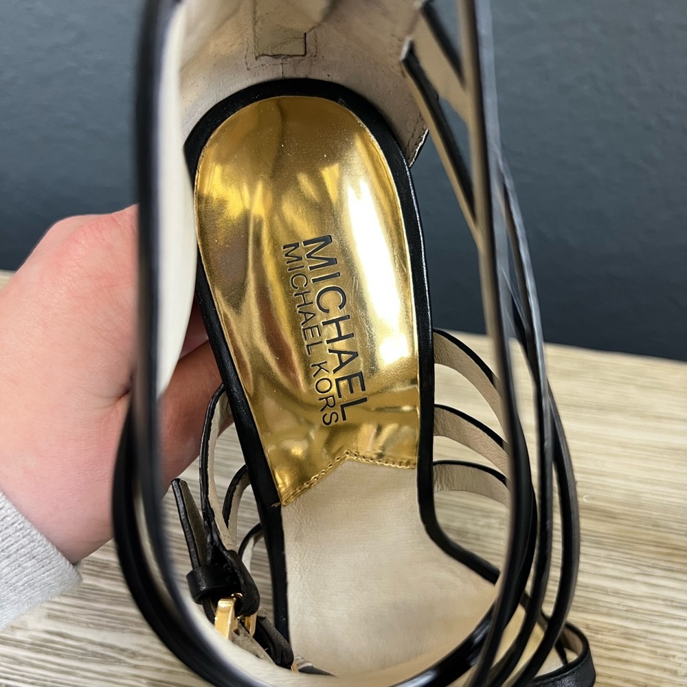 Michael Kors Ava Black Strappy Heels Gold Buckles - Picture 2 of 7